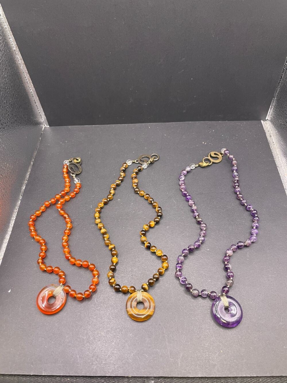 Lot of 3 Natural Gemstone Donut Pendant Necklaces Carnelian Tigers Eye Amethyst